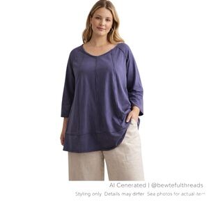 Neon Buddha 1X Blue Purple A-Line Tunic Minimalist Relaxed 3/4 Sleeve Top